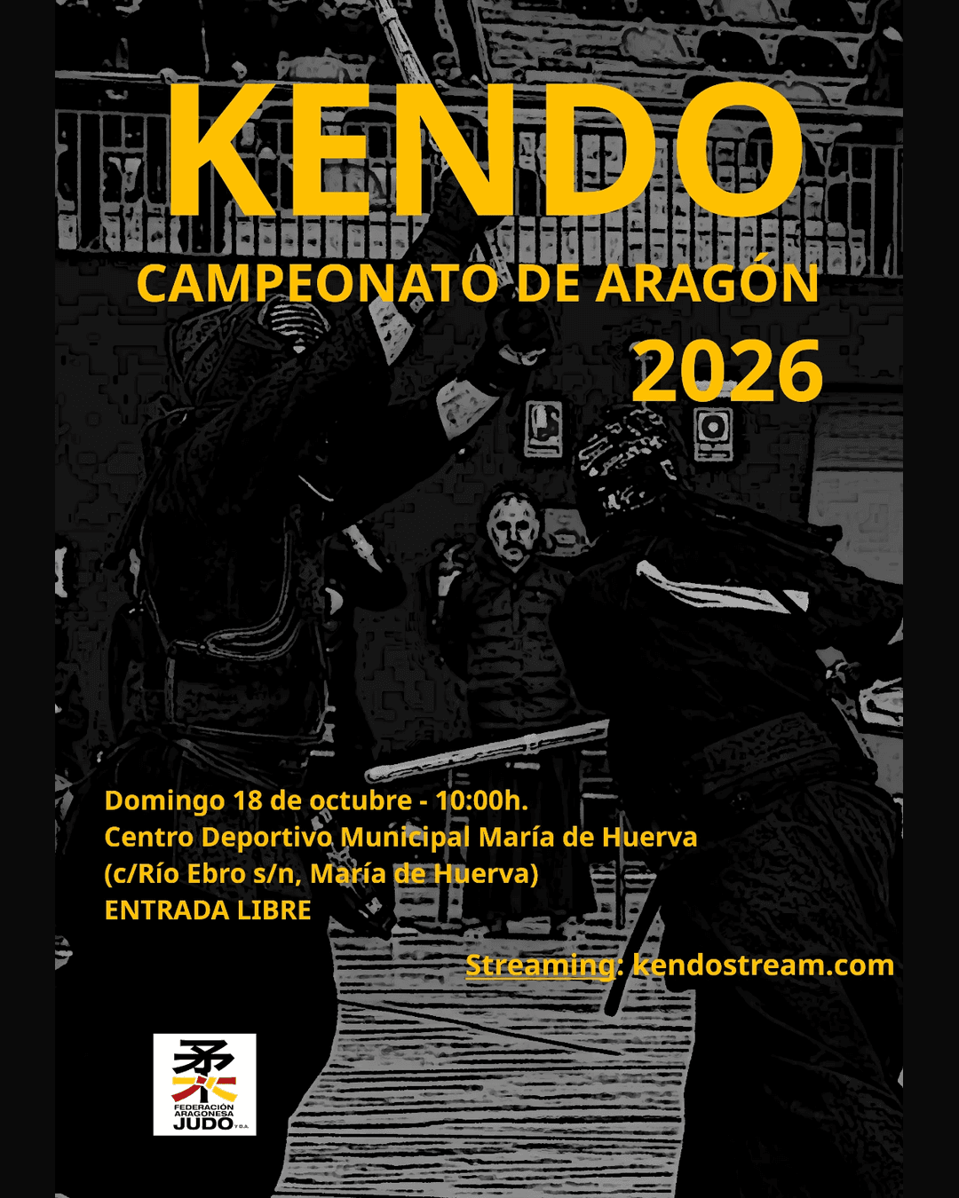 Cartel del Campeonato de Aragón de Kendo 2026: domingo 18 de octubre a las 10:00, CDM María de Huerva, entrada libre